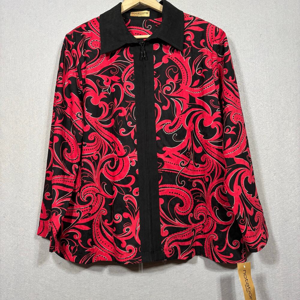 Notations WOMAN Zip Top Jacket 2X Red Black Swirl Artsy Bold‎ Statement Retro